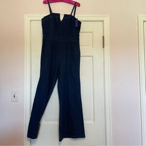 NWT Denim Wide Leg Romper Pantsuit Adjustable Straps Medium Chain Accent